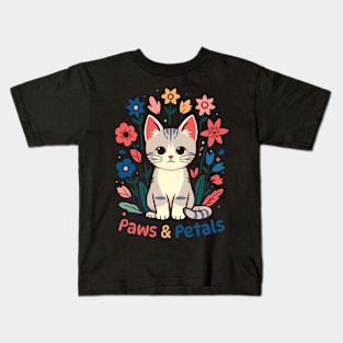 Paws and Petals | Cute Kitty Cat with Flowers | Kawaii Cat lover ideas Kids T-Shirt